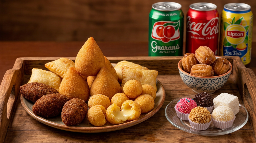 Salgados brasileiros, churros e bebidas na mesa dos Caseirinhos do Brasil
